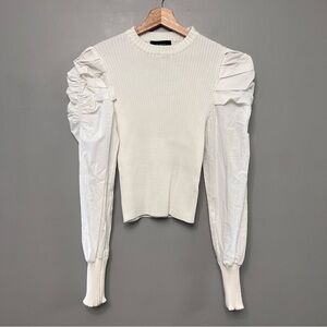 En Saison Puff Sleeve Mixed Media Ribbed White Sweater Size Large